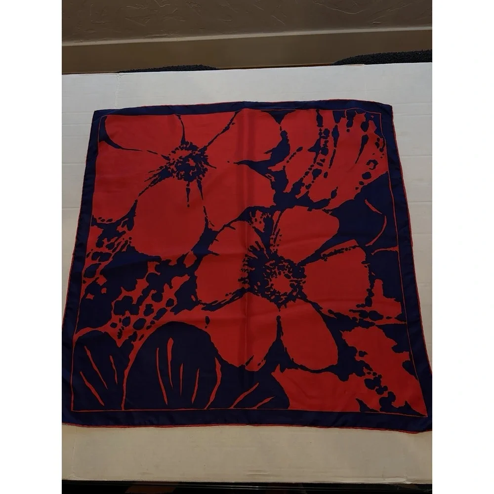Vintage Silk Rayon Scarf Red Navy Blue Mod Floral Hand Rolled Japan 29